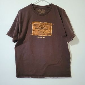 Large Brown Hard Rock Cafe T-shirt with leather patch design logo